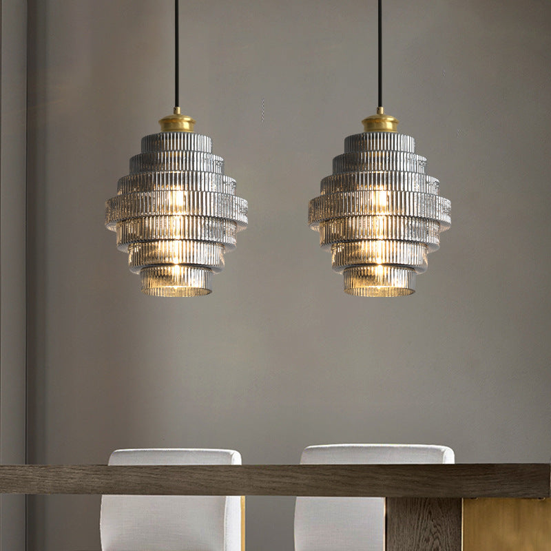 Tiered Ribbed Glass Pendant Light with Adjustable Suspension
