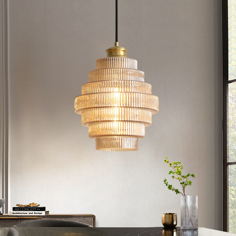 Tiered Ribbed Glass Pendant Light with Adjustable Suspension