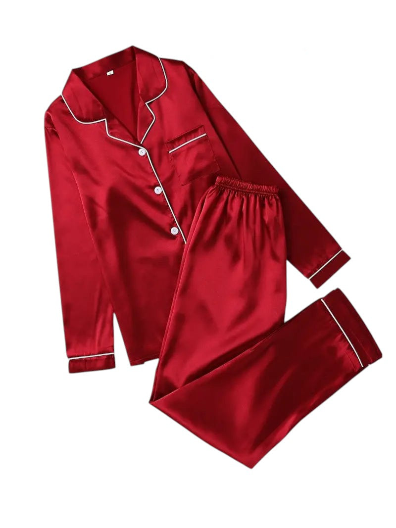 Ladies Satin Pyjama Set – Long Sleeves with Classic Collar