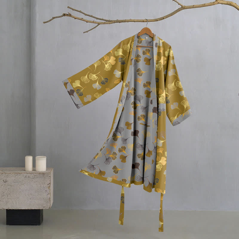 Women's Cotton Kimono Robe with Reversible Ginkgo Leaf Design