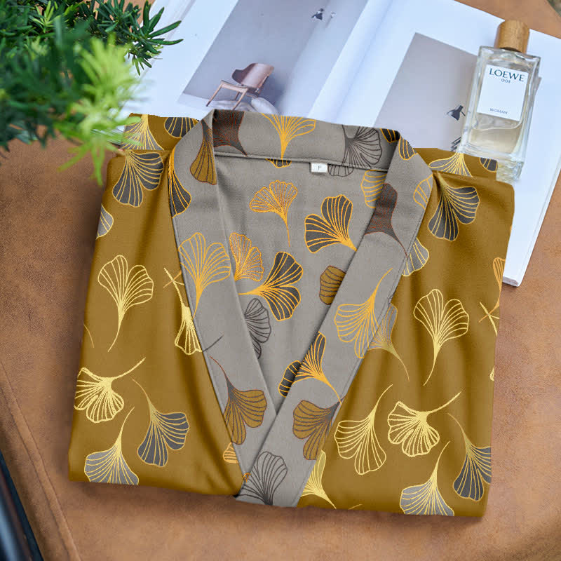 Women's Cotton Kimono Robe with Reversible Ginkgo Leaf Design