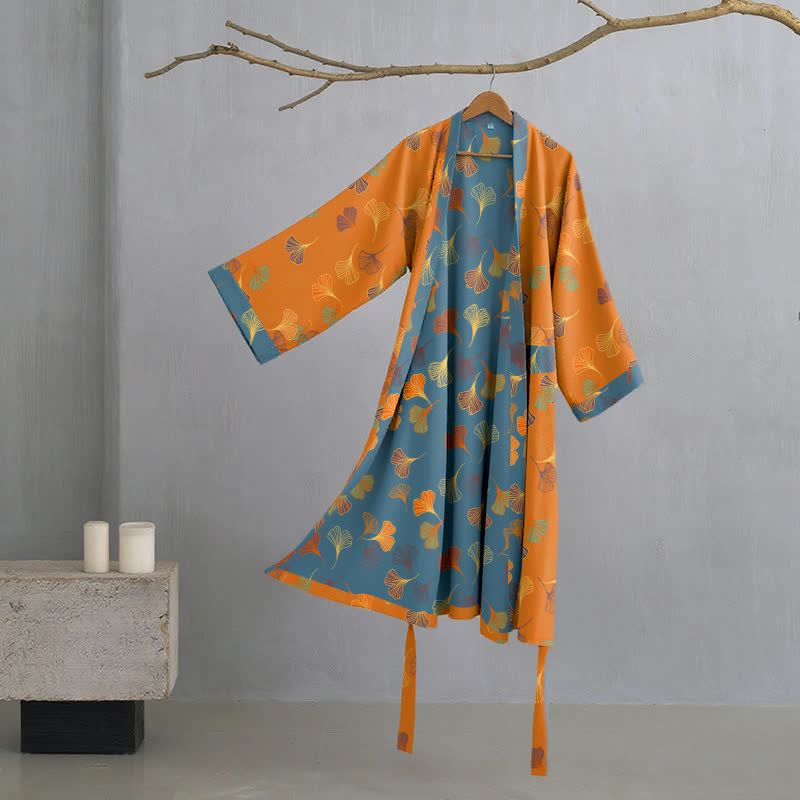 Women's Cotton Kimono Robe with Reversible Ginkgo Leaf Design