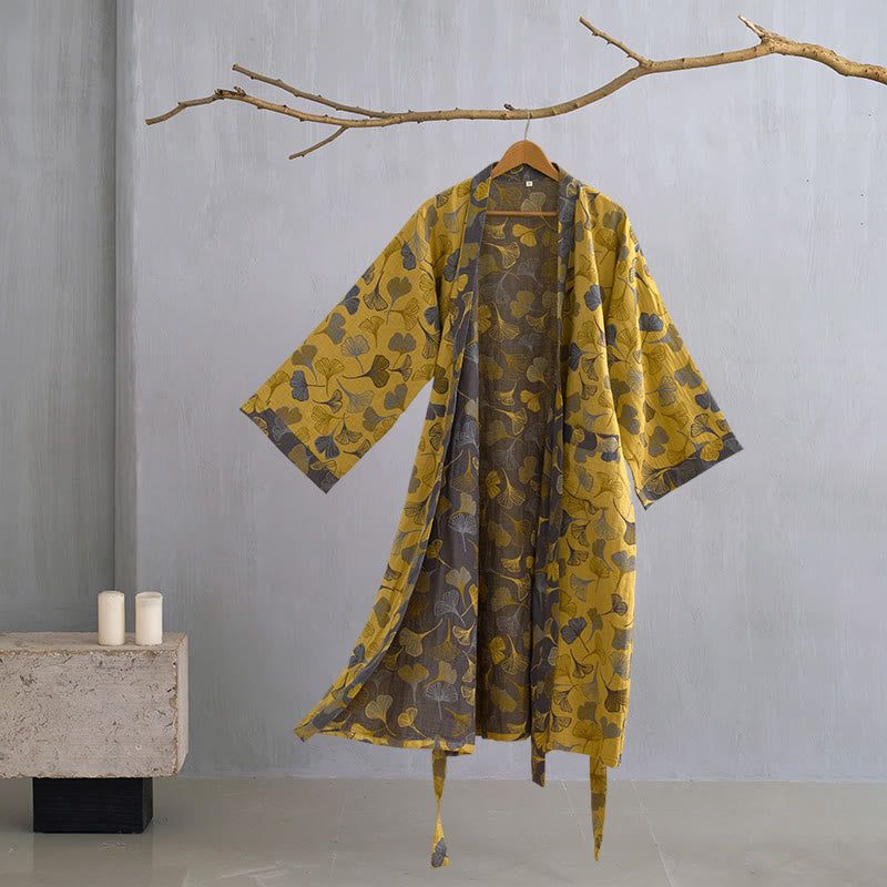 Women's Cotton Kimono Robe with Reversible Ginkgo Leaf Design