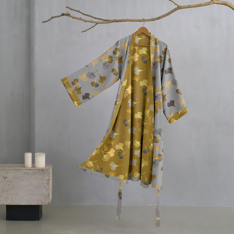 Women's Cotton Kimono Robe with Reversible Ginkgo Leaf Design