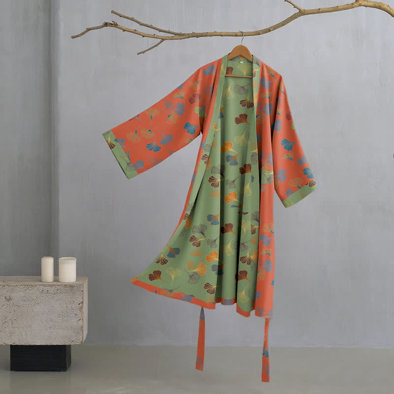 Women's Cotton Kimono Robe with Reversible Ginkgo Leaf Design