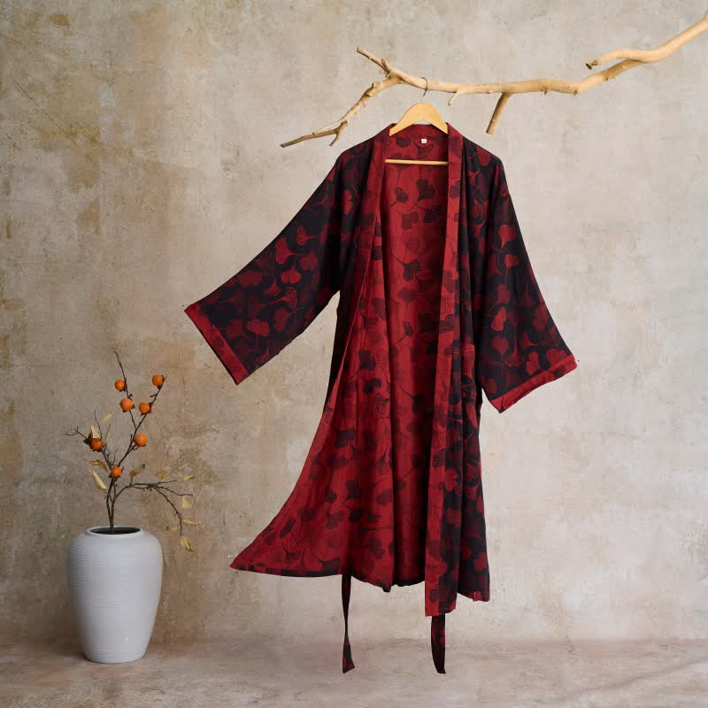 Women's Cotton Kimono Robe with Reversible Ginkgo Leaf Design