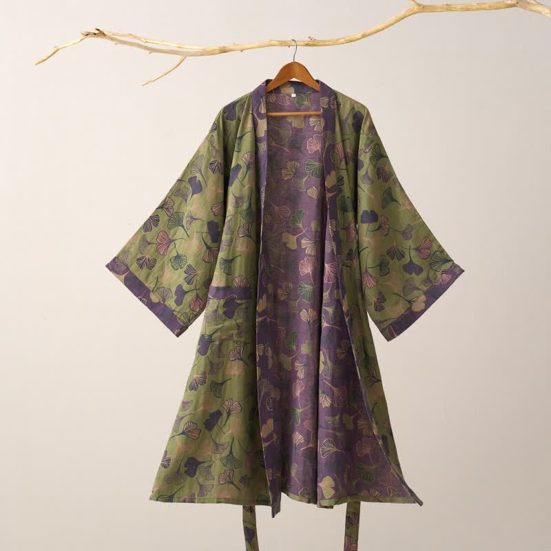 Women's Cotton Kimono Robe with Reversible Ginkgo Leaf Design