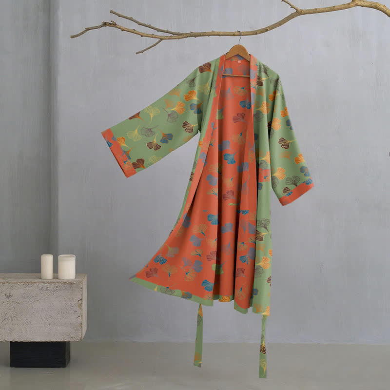 Women's Cotton Kimono Robe with Reversible Ginkgo Leaf Design