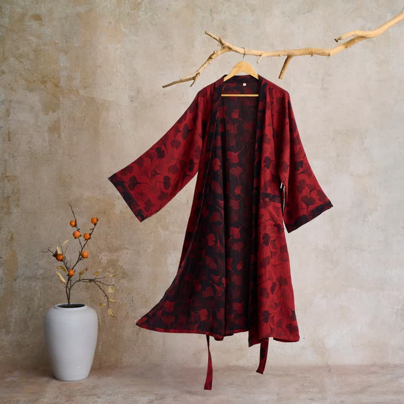 Women's Cotton Kimono Robe with Reversible Ginkgo Leaf Design
