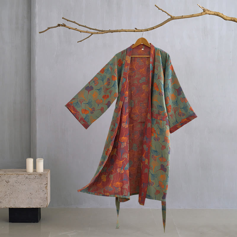 Women's Cotton Kimono Robe with Reversible Ginkgo Leaf Design