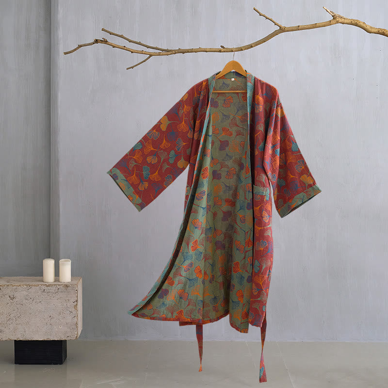Women's Cotton Kimono Robe with Reversible Ginkgo Leaf Design