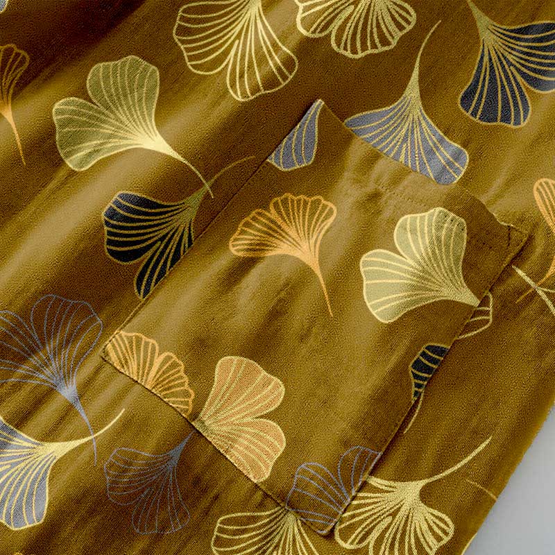 Women's Cotton Kimono Robe with Reversible Ginkgo Leaf Design