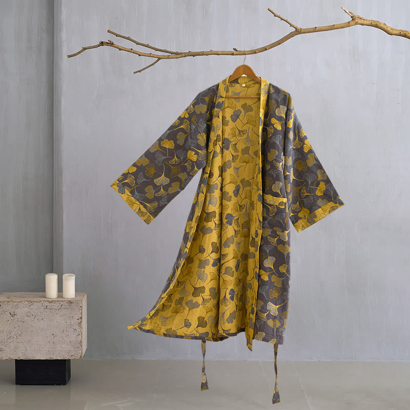 Women's Cotton Kimono Robe with Reversible Ginkgo Leaf Design