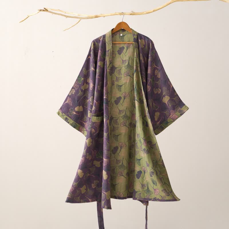 Women's Cotton Kimono Robe with Reversible Ginkgo Leaf Design