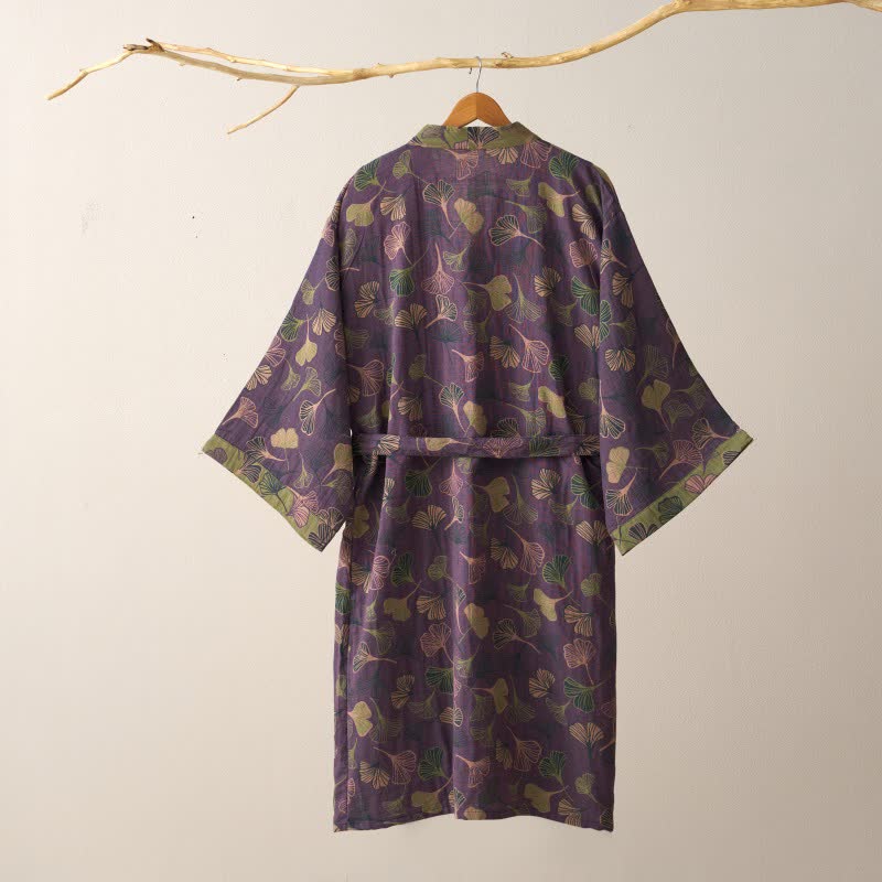 Women's Cotton Kimono Robe with Reversible Ginkgo Leaf Design