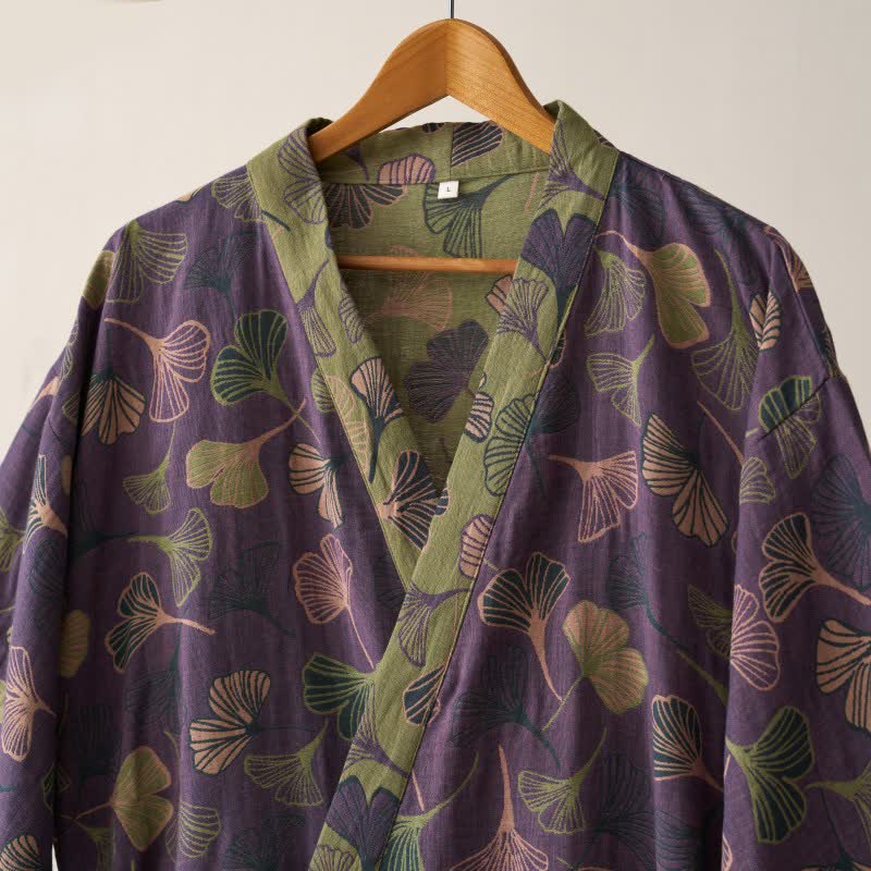 Women's Cotton Kimono Robe with Reversible Ginkgo Leaf Design