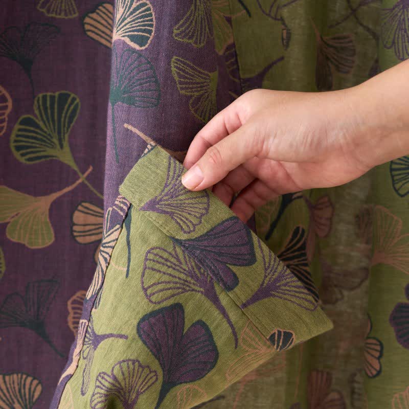 Women's Cotton Kimono Robe with Reversible Ginkgo Leaf Design