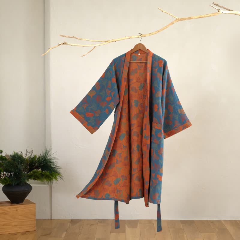 Women's Cotton Kimono Robe with Reversible Ginkgo Leaf Design