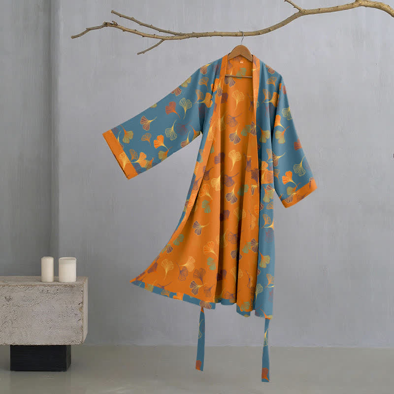 Women's Cotton Kimono Robe with Reversible Ginkgo Leaf Design