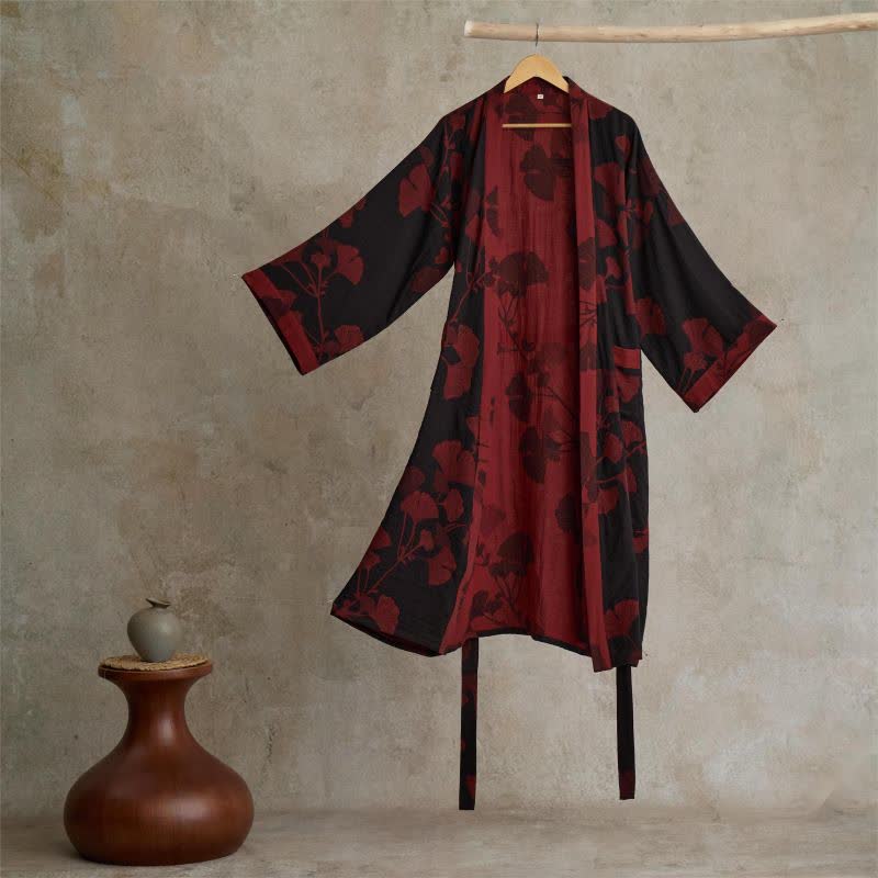 Women's Reversible Cotton Kimono Robe with Ginkgo Leaf Print