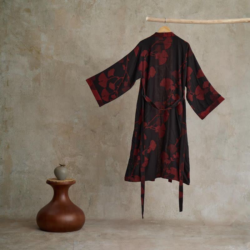 Women's Reversible Cotton Kimono Robe with Ginkgo Leaf Print