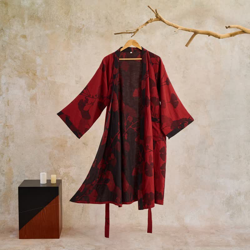 Women's Reversible Cotton Kimono Robe with Ginkgo Leaf Print