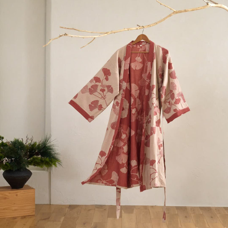 Women's Reversible Cotton Kimono Robe with Ginkgo Leaf Print