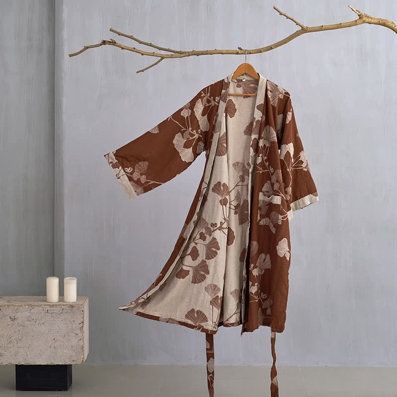 Women's Reversible Cotton Kimono Robe with Ginkgo Leaf Print