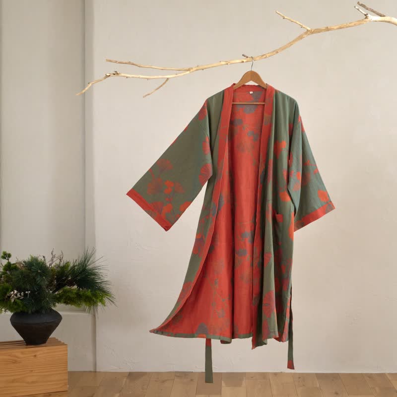 Women's Reversible Cotton Kimono Robe with Ginkgo Leaf Print