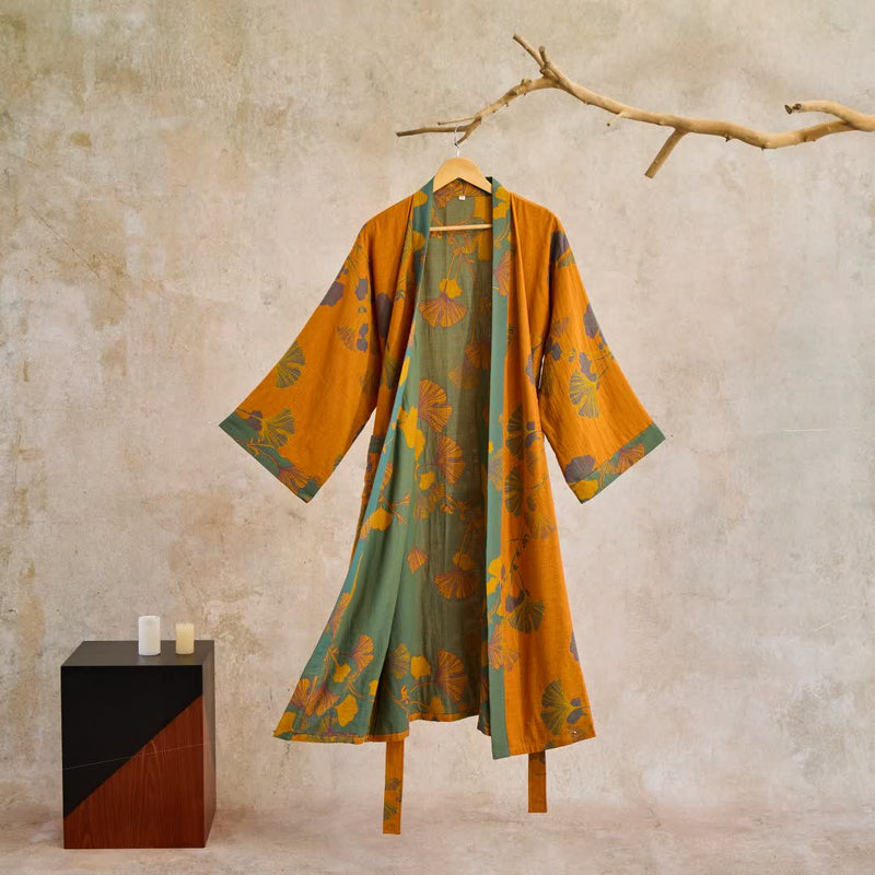 Women's Reversible Cotton Kimono Robe with Ginkgo Leaf Print