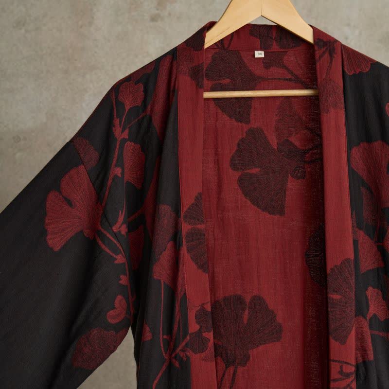 Women's Reversible Cotton Kimono Robe with Ginkgo Leaf Print