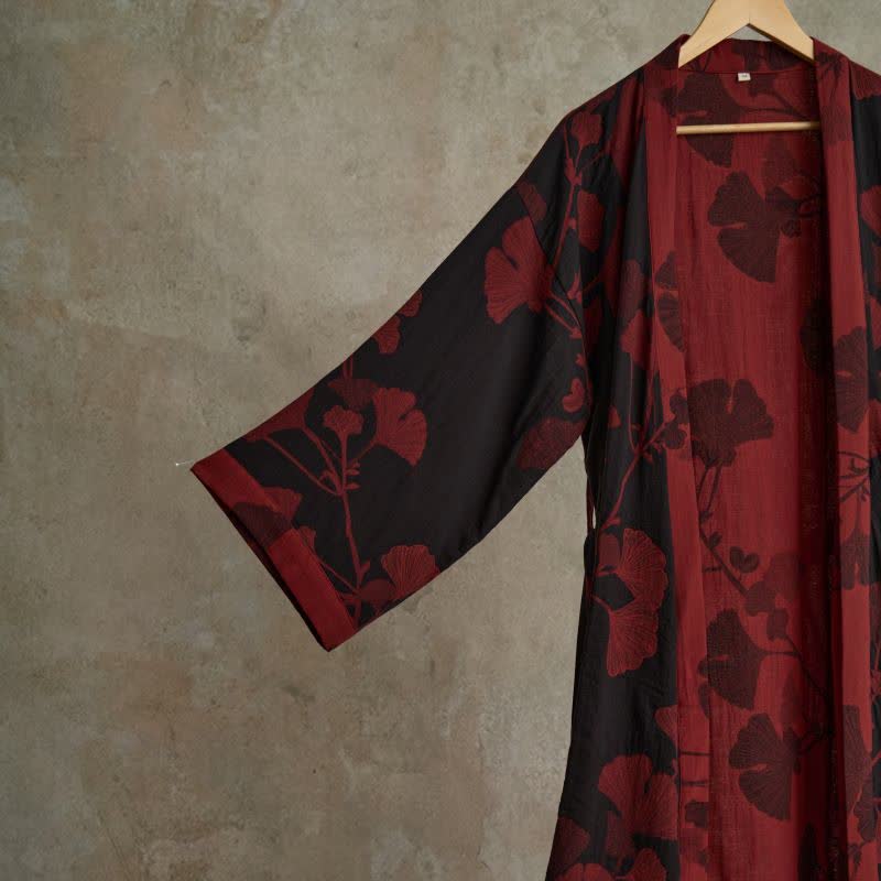 Women's Reversible Cotton Kimono Robe with Ginkgo Leaf Print