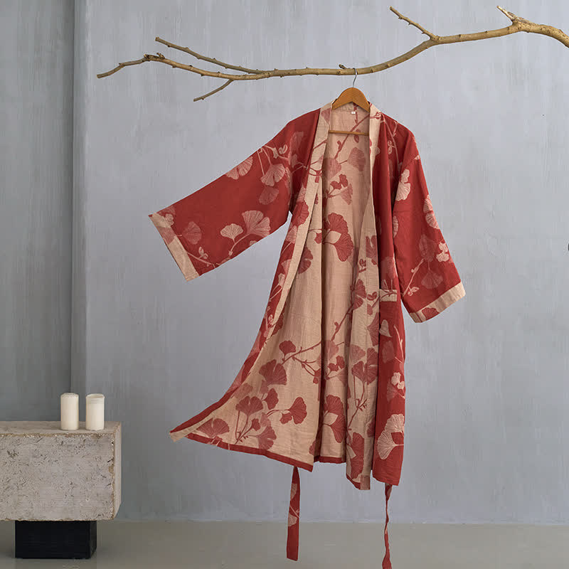Women's Reversible Cotton Kimono Robe with Ginkgo Leaf Print