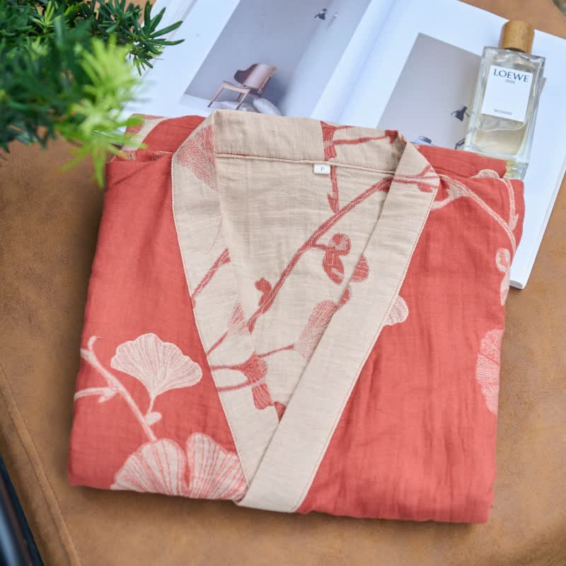 Women's Reversible Cotton Kimono Robe with Ginkgo Leaf Print