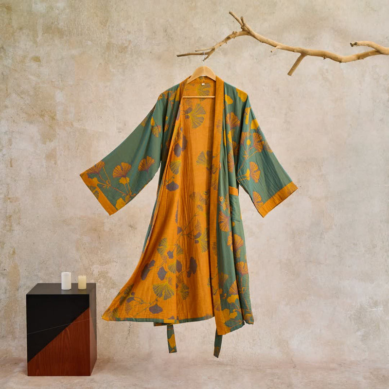 Women's Reversible Cotton Kimono Robe with Ginkgo Leaf Print