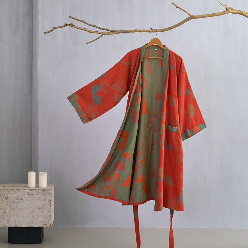 Women's Reversible Cotton Kimono Robe with Ginkgo Leaf Print