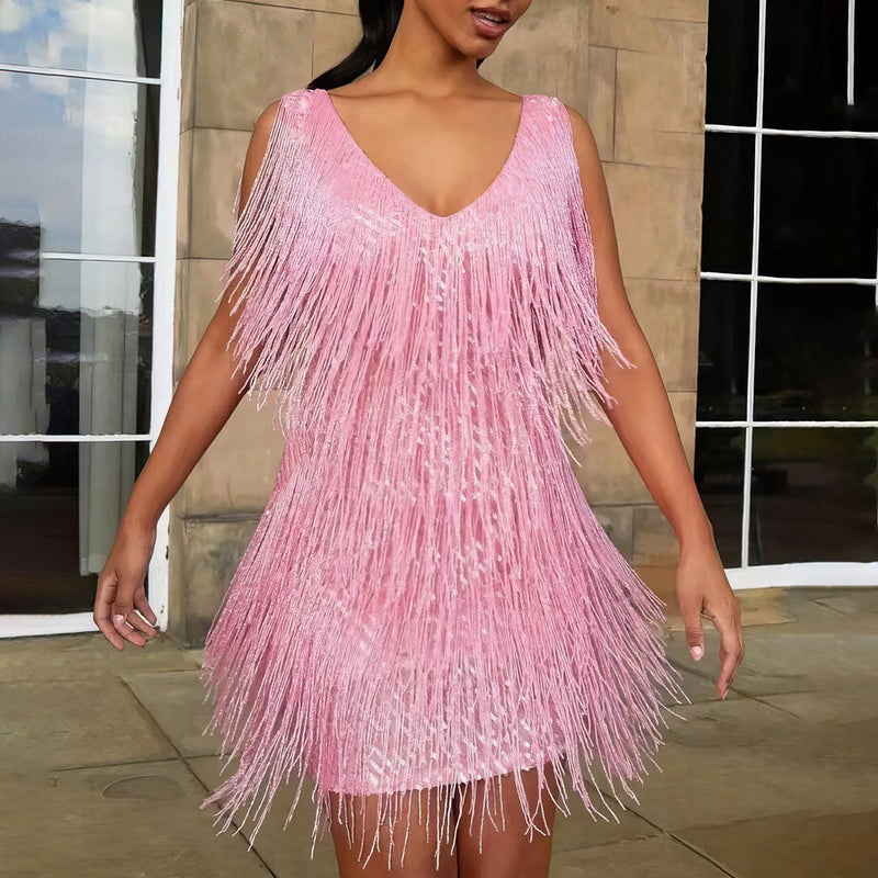 Ladies' Summer Dress with Sequins and Fringes for Festive Evenings