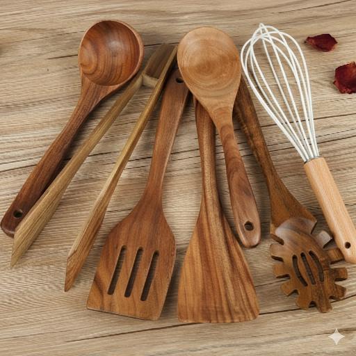 Kitchen Utensil Set in Wood with Assorted Cooking Tools