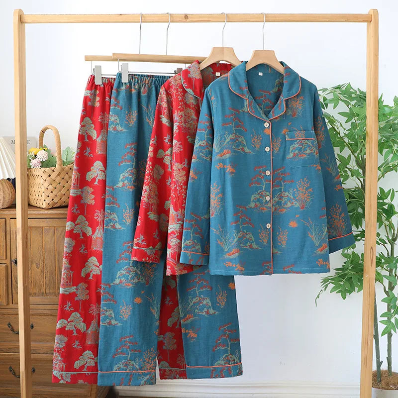 Women's Cotton Gauze Pyjama Set with Long Sleeves and Trousers
