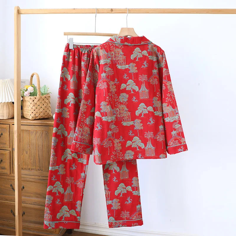 Women's Cotton Gauze Pyjama Set with Long Sleeves and Trousers