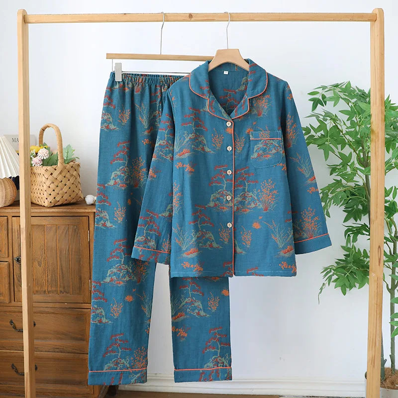 Women's Cotton Gauze Pyjama Set with Long Sleeves and Trousers