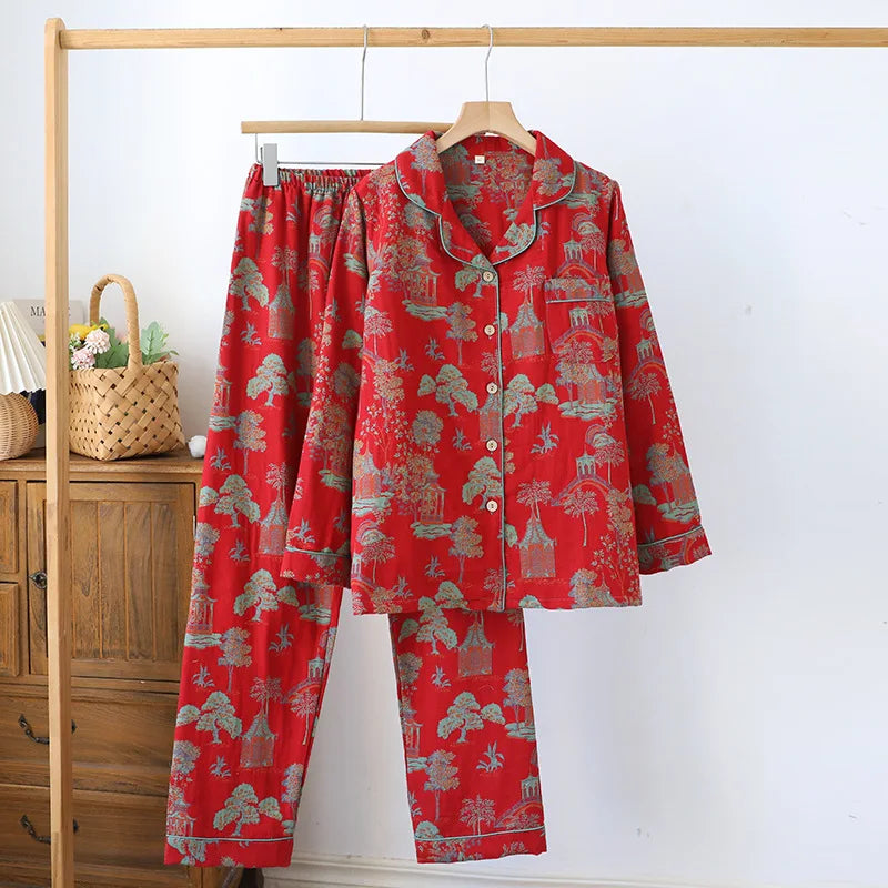 Women's Cotton Gauze Pyjama Set with Long Sleeves and Trousers