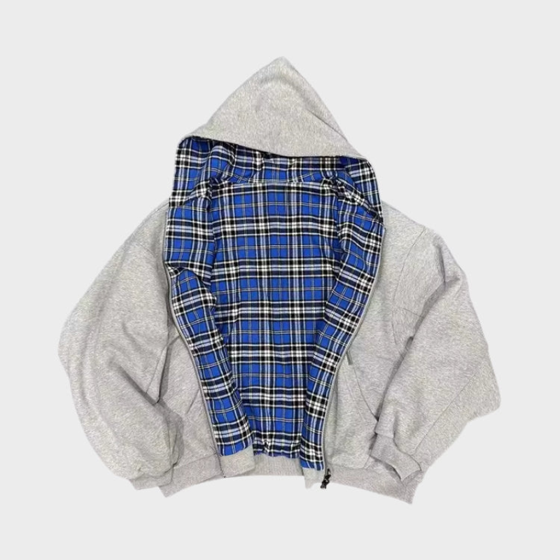 Hoodie for Men with Reversible Check Design and Oversized Fit