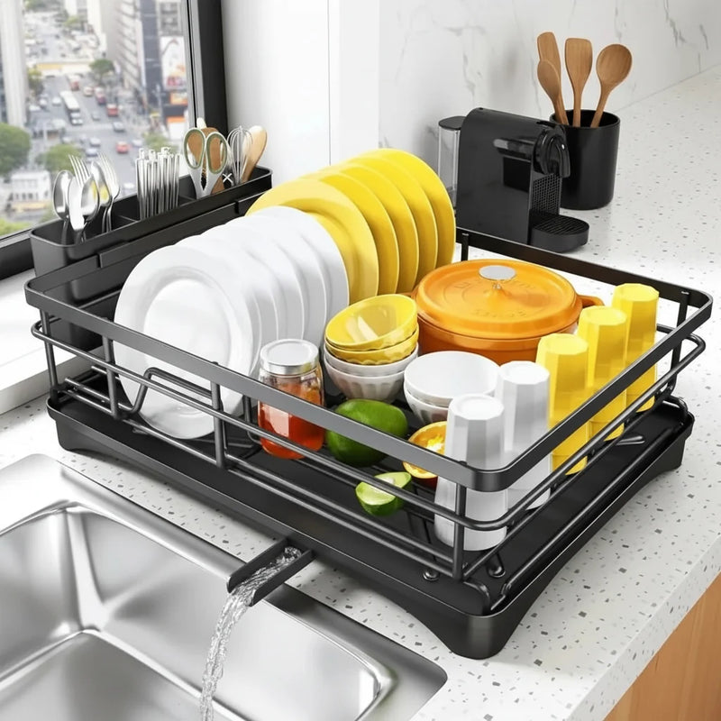 Kitchen Dish Drying Rack with Integrated Drip Tray and Cutlery Holder