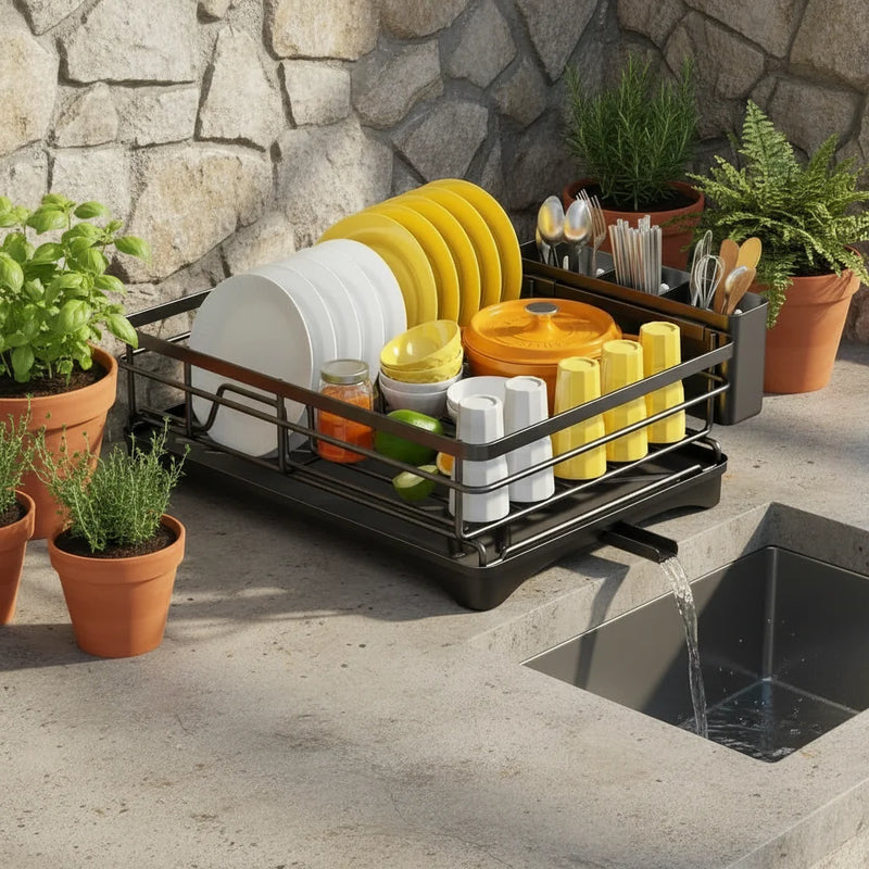 Kitchen Dish Drying Rack with Integrated Drip Tray and Cutlery Holder