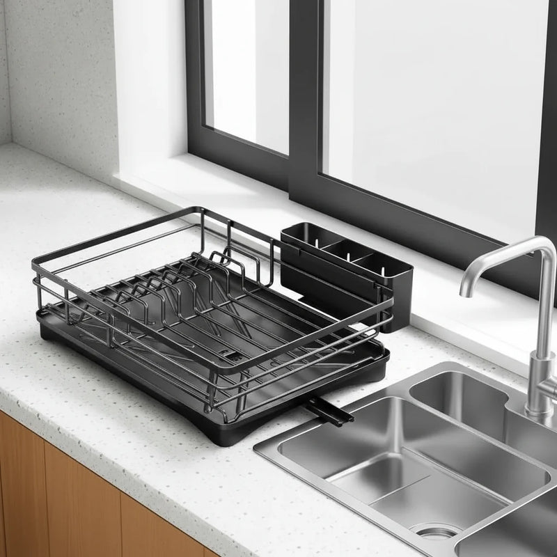 Kitchen Dish Drying Rack with Integrated Drip Tray and Cutlery Holder