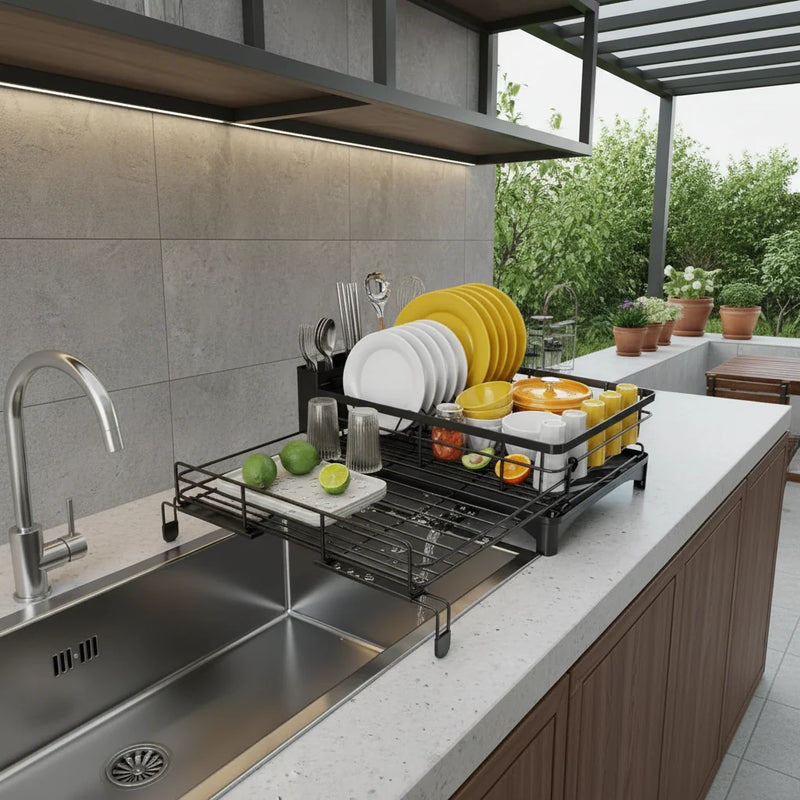 Kitchen Dish Drying Rack with Integrated Drip Tray and Cutlery Holder