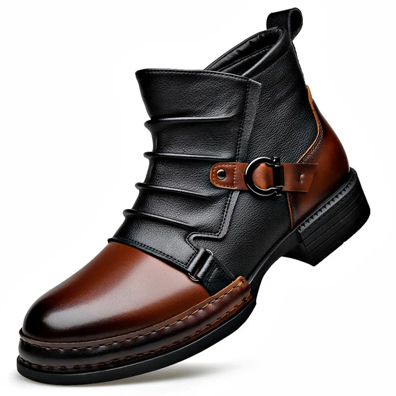 Men's Genuine Leather Ankle Boots with Side Zip and Buckle Strap