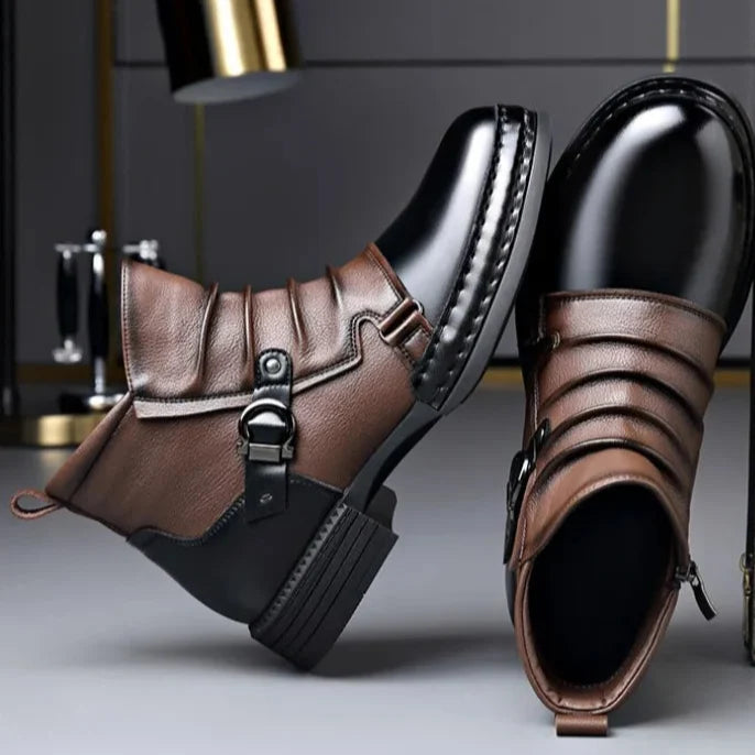 Men's Genuine Leather Ankle Boots with Side Zip and Buckle Strap