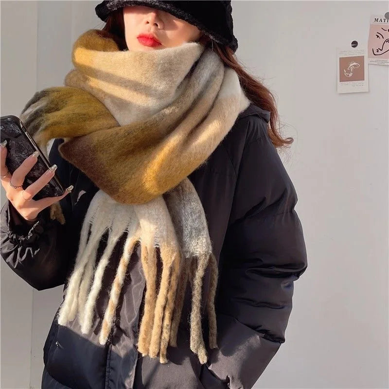Oversized Woven Winter Scarf with Fringed Gradient Design
